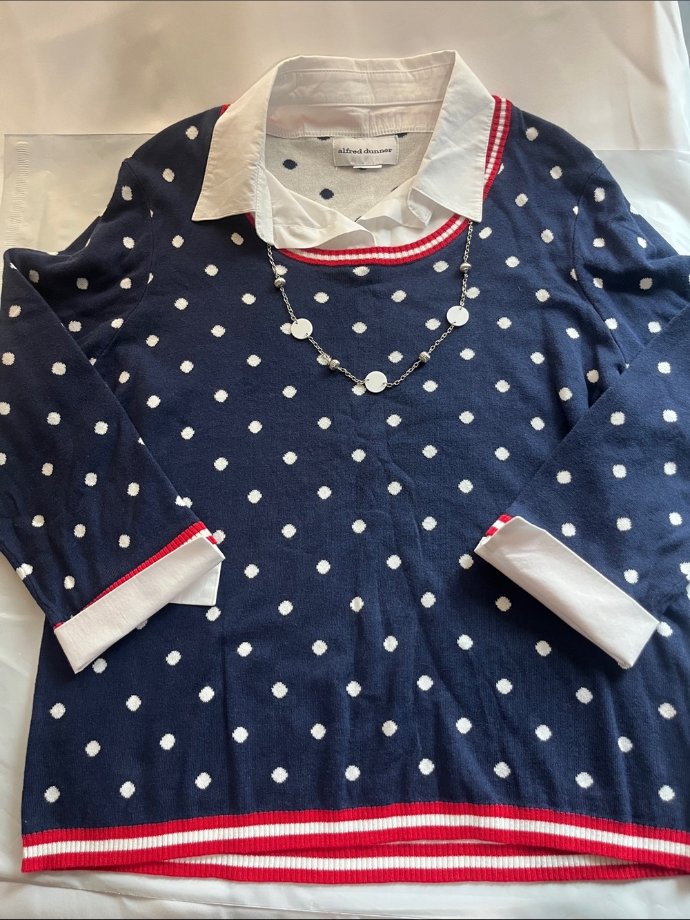 Alfred Dunner Navy Polka Dot Sweater Top with White Collar & Red Trim